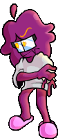 a cartoon character with purple hair and glasses is wearing pink slippers