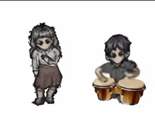 a girl and a boy are playing bongos in a video game .