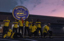 a group of people standing in front of a sign that says downtown cab co