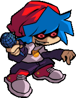 a cartoon character with blue hair and red eyes is holding a microphone and pointing .