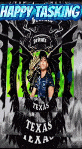 a picture of a man with a dragon and the words happy tasking texas
