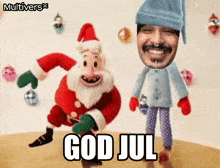 a cartoon of santa claus and a man with the words god jul