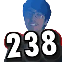 a man with glasses holds up the number 238 in front of his face