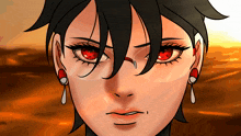 a close up of a woman 's face with red eyes and earrings