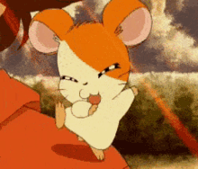 a cartoon hamster is eating a piece of food