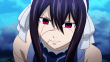 a girl with purple hair and red eyes has a scar on her forehead