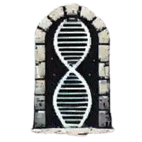 a drawing of a door with a dna molecule in it