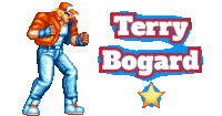 a pixel art of terry bogard with a star