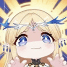 a cartoon girl with blonde hair and blue eyes is wearing a crown of flowers on her head .