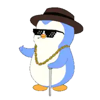 a penguin wearing a hat sunglasses and a cane smoking a cigarette