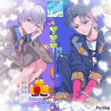 a couple of anime characters sitting next to each other with hearts around them and a picture of a dolphin above them