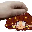 a cartoon character with curly hair and stars is laying on a bed with a slipper on top of her head .