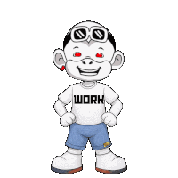 a cartoon character is wearing a white shirt that says work