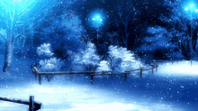 a snowy scene with a wooden fence and trees