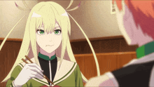 a girl with blonde hair and green eyes is holding chopsticks in her hand