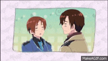 a couple of anime characters are standing next to each other and looking at each other .