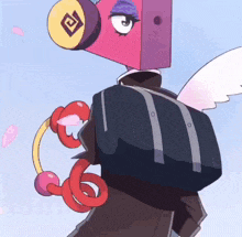 a cartoon character with a pink box on his head and a backpack
