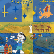 a cartoon of a boy standing in front of a map of sweden and europe