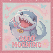 a shark with a name tag that reads jeff