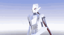 a white robot with a red eye holding a gun