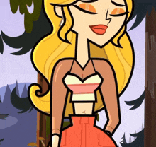 a cartoon girl with blonde hair and freckles is wearing a crop top and red skirt