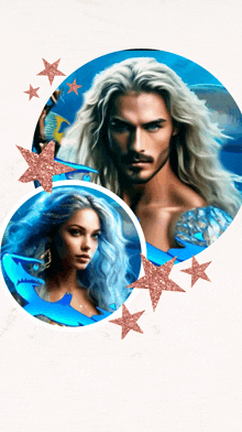 a man with long hair and a woman with blue hair are surrounded by stars