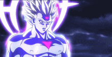 a purple and white cartoon character with a triangle in his chest