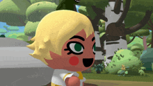 a cartoon character with a yellow hair and green eyes is standing in a forest