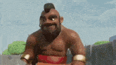 a cartoon character with a beard and mohawk is standing in front of a brick wall .