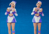 two cheerleaders are standing next to each other wearing different outfits