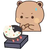 a cartoon of a teddy bear cooking food in a frying pan