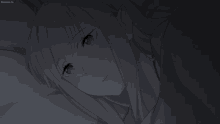 a girl with white hair and purple eyes is laying in a dark room