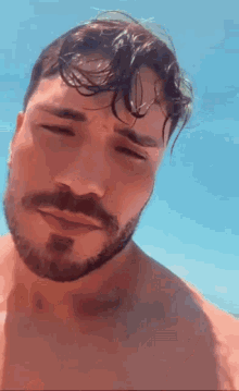 a shirtless man with a beard and wet hair is looking down at the camera .
