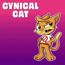 a cartoon cat is standing in front of a pink background with cynical cat written on it