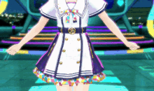 a girl in a white and purple dress with a belt that says ' x ' on it