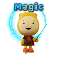 a cartoon character holding a wand and the word magic behind him
