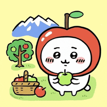 a cartoon of a rabbit wearing an apple hat eating an apple