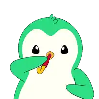 a green penguin blowing a party horn with confetti falling