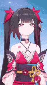 a girl with a bell around her neck is wearing a red and black kimono