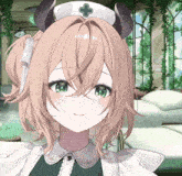 a girl with horns is wearing a nurse hat with a cross on it