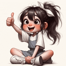 a little girl is giving a thumbs up and smiling