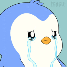 a blue and white penguin is crying with tears running down its face