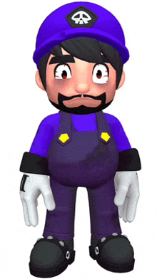 a cartoon character is wearing a purple hat with a skull on it