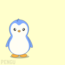 a penguin is standing next to a black x and the words like and follow
