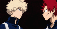 two anime characters are standing next to each other and looking at each other with a black background