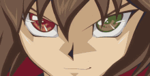 a close up of a anime character 's face with red and green eyes
