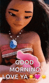 a cartoon girl from moana is holding a pink flower in her hands .