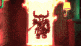 a drawing of a demon with horns and a sword