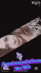 a woman 's face is surrounded by purple butterflies and the words alhamdulillah