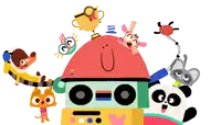 a bunch of cartoon characters are standing around a robot with a trophy on top